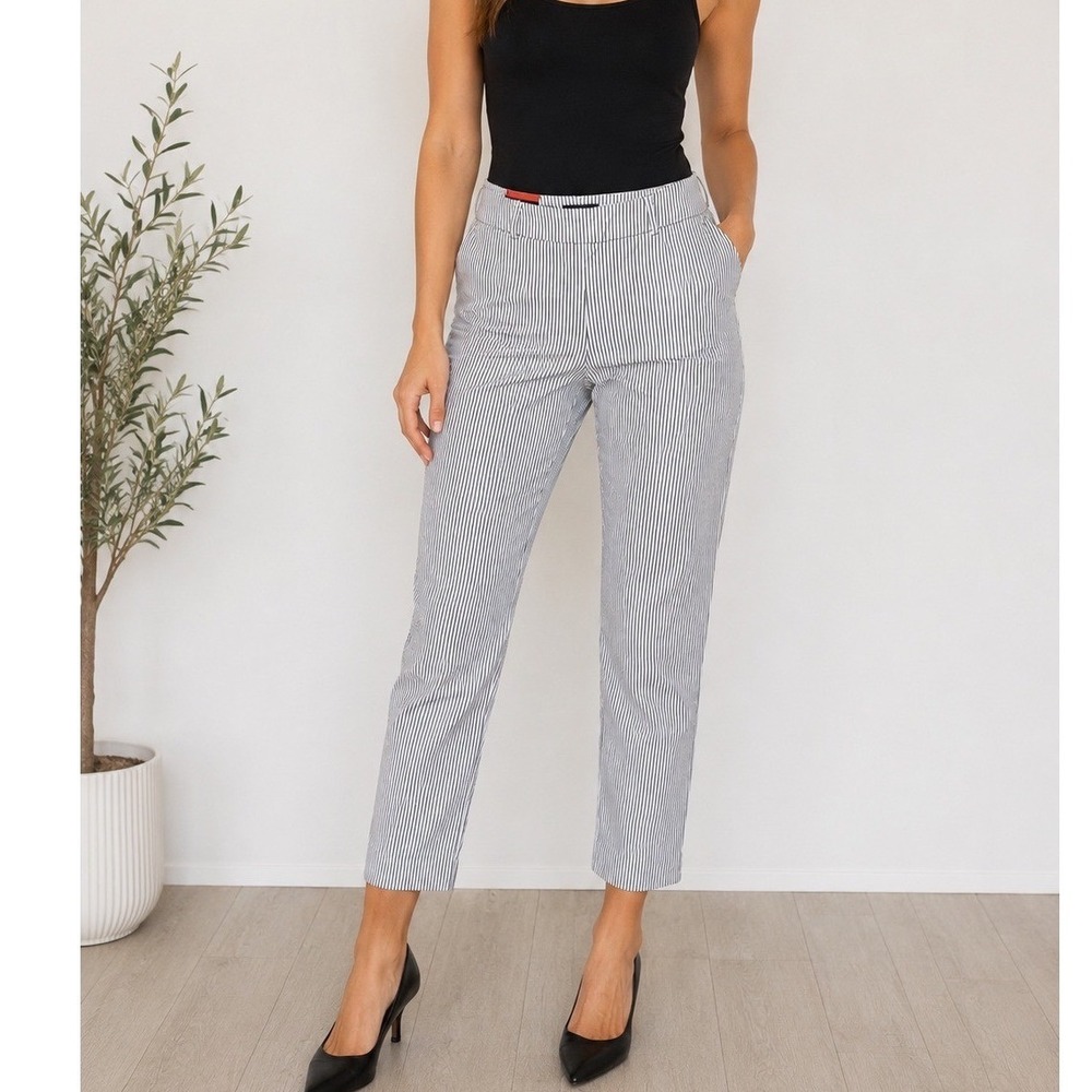 Hilary Radley Women Medium Grey White Pinstripe Tummy Control Slim Leg Pants NWT
